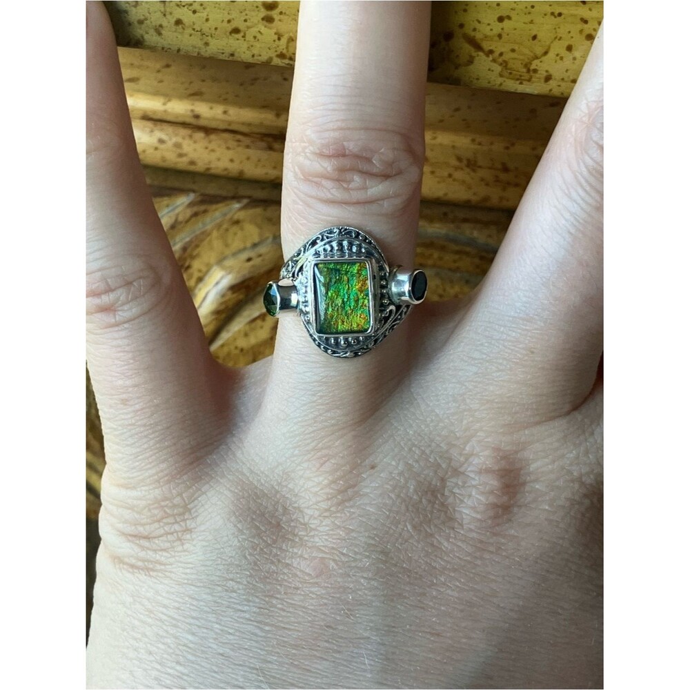 Natural Canadian Ammolite Chrome Diopside Sterling Silver Ring Size 6 - Picture 4 of 9